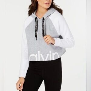Calvin Klein Cropped Hoodie – Gray & White Colorblock – Size Medium